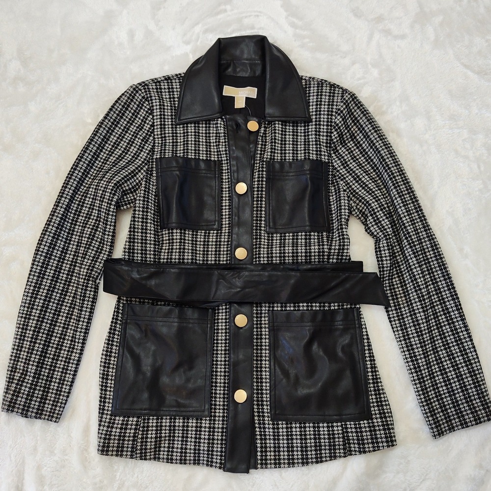 NEW Michael Kors Houndstooth Belted Jacket Black MF510CYJY4 Women's Trench Small